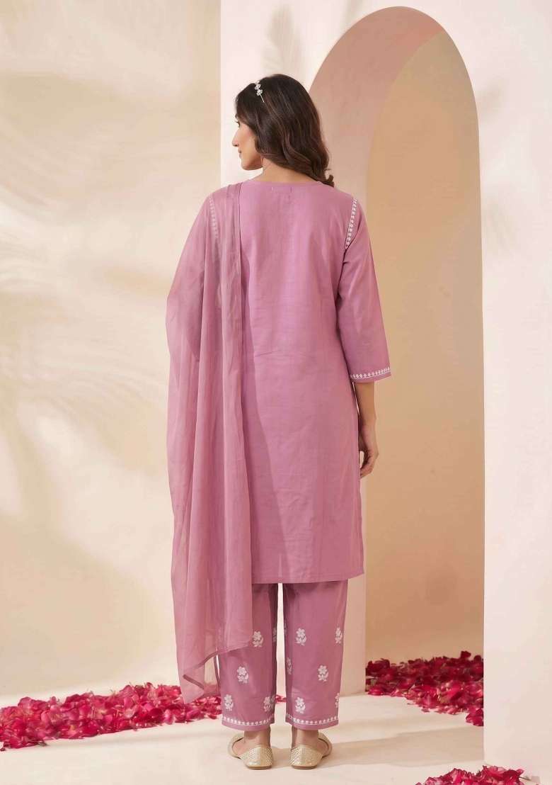 Pink Embroidery Cotton Suit Set - Indya