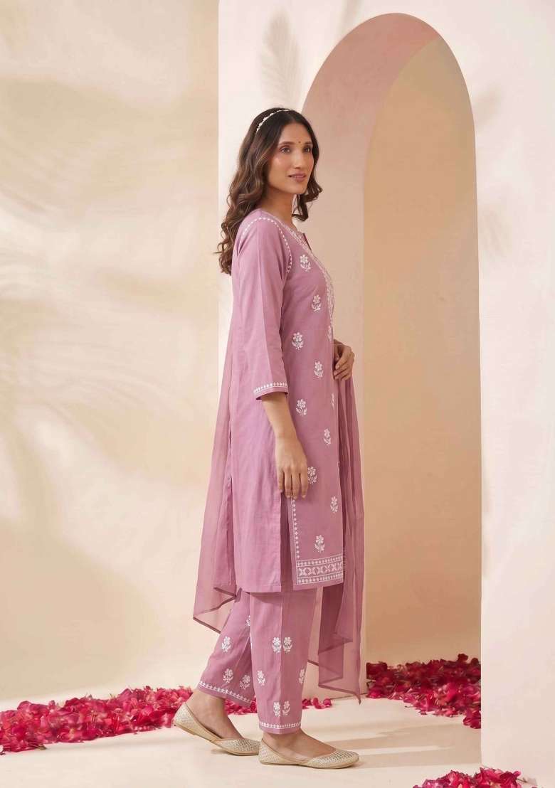 Pink Embroidery Cotton Suit Set - Indya