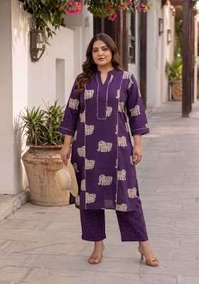 Purple Printed Cotton Kurta Set