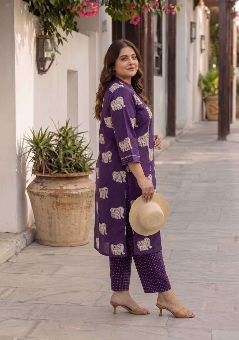 Purple Printed Cotton Kurta Set - Indya