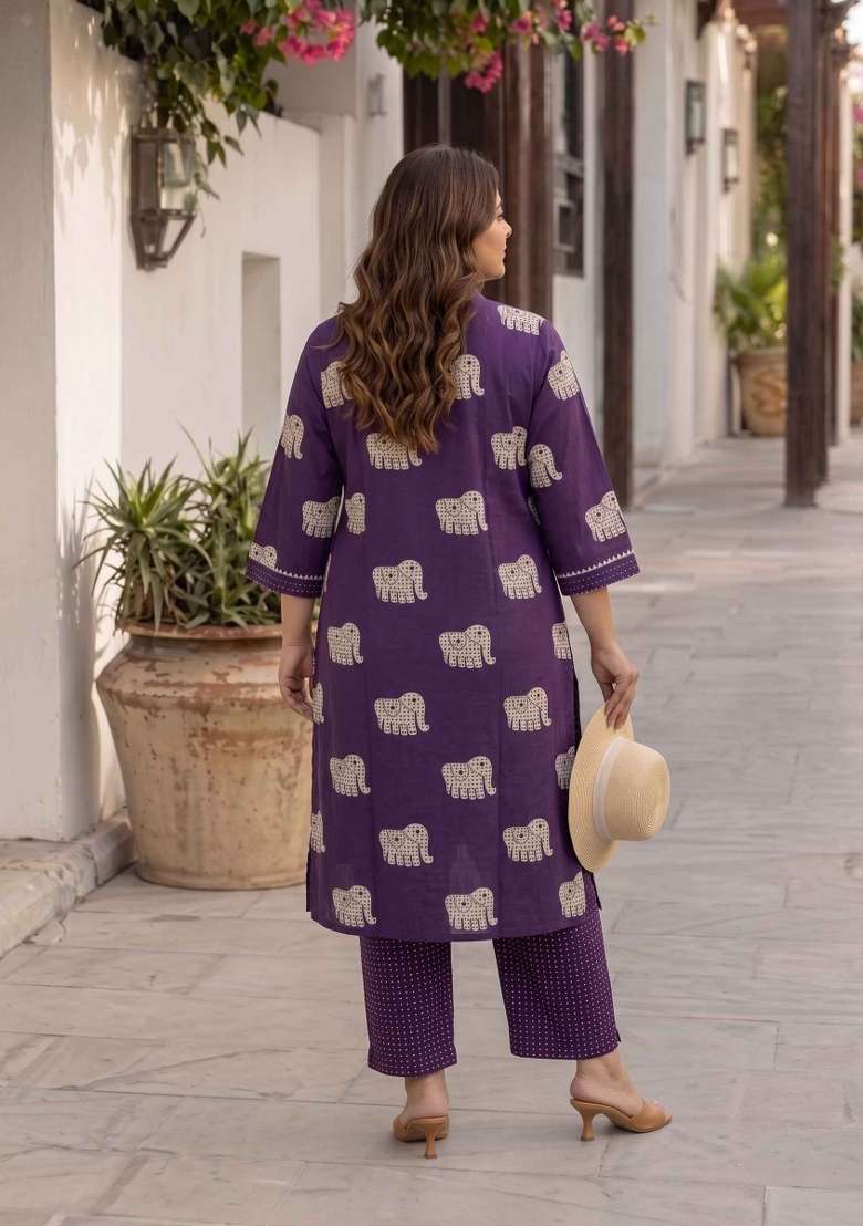 Purple Printed Cotton Kurta Set - Indya