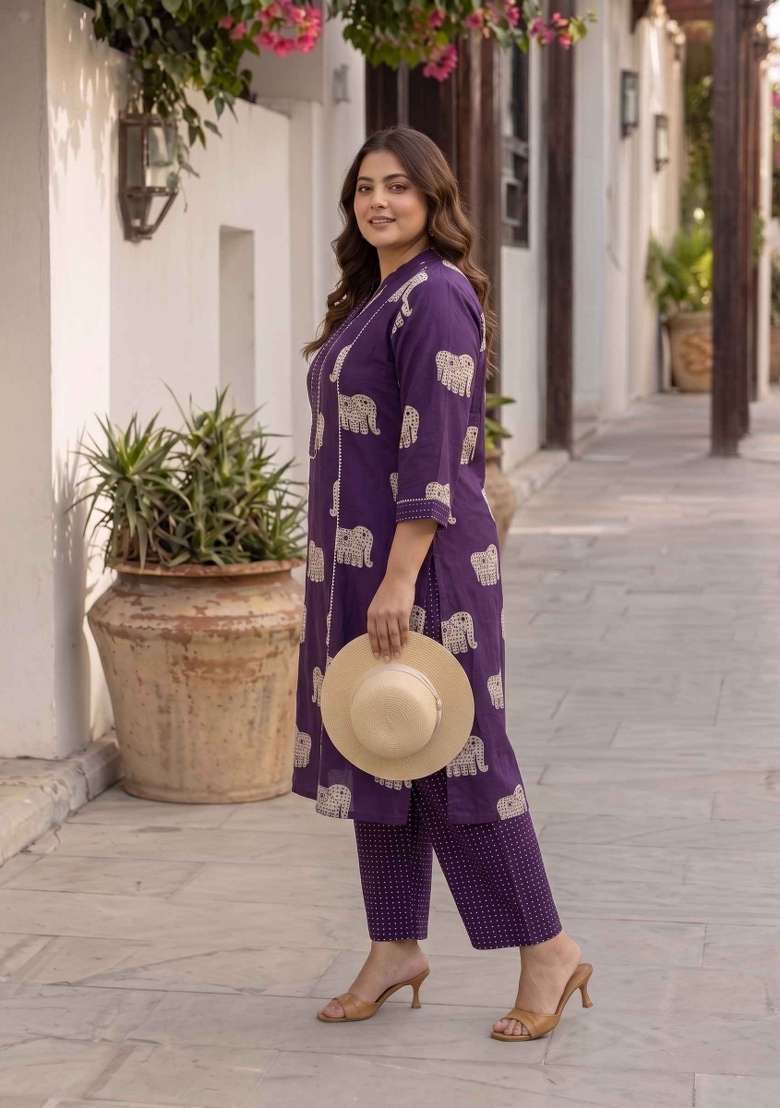Purple Printed Cotton Kurta Set - Indya