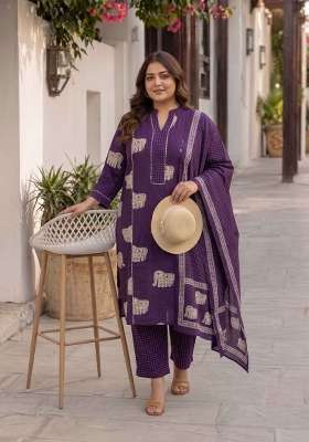 Purple Printed Cotton Suit Set