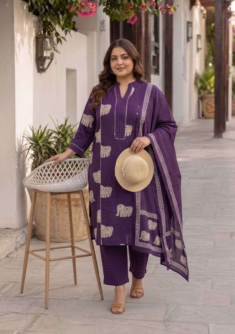 Purple Printed Cotton Suit Set - Indya