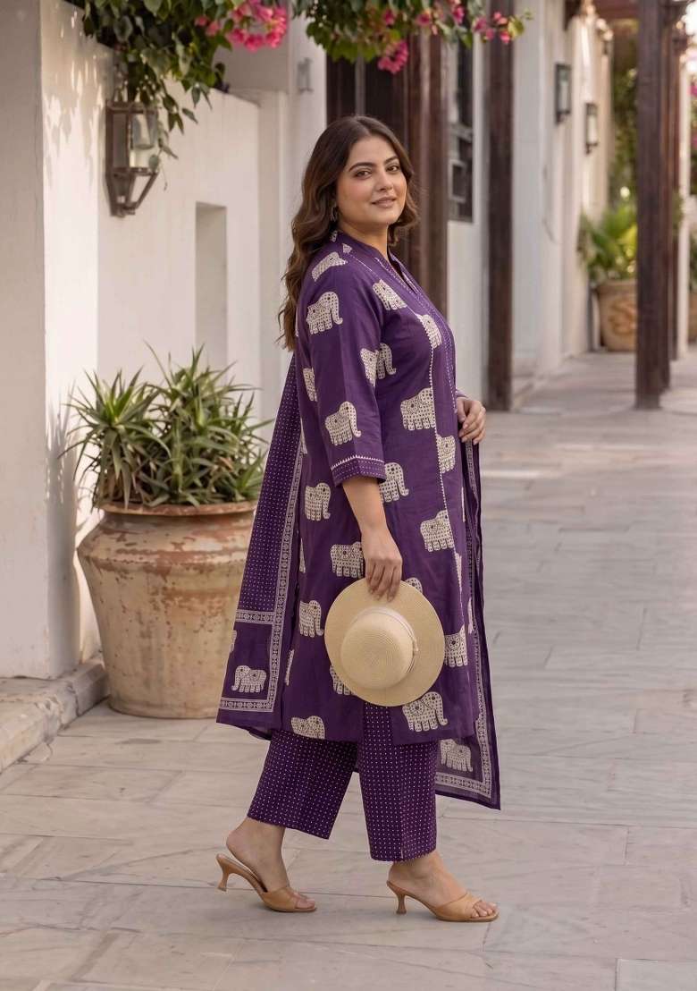 Purple Printed Cotton Suit Set - Indya