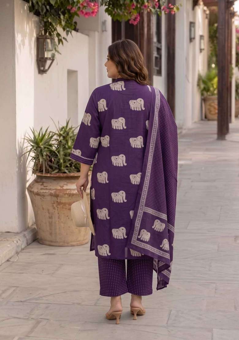 Purple Printed Cotton Suit Set - Indya