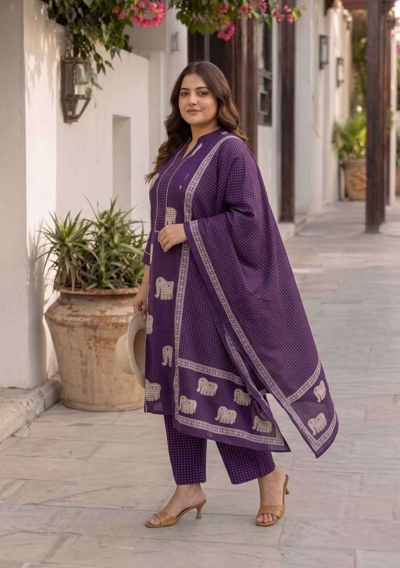 Purple Printed Cotton Suit Set - Indya