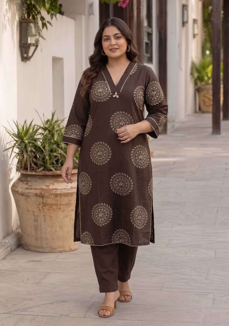 Brown Printed Cotton Kurta Set - Indya
