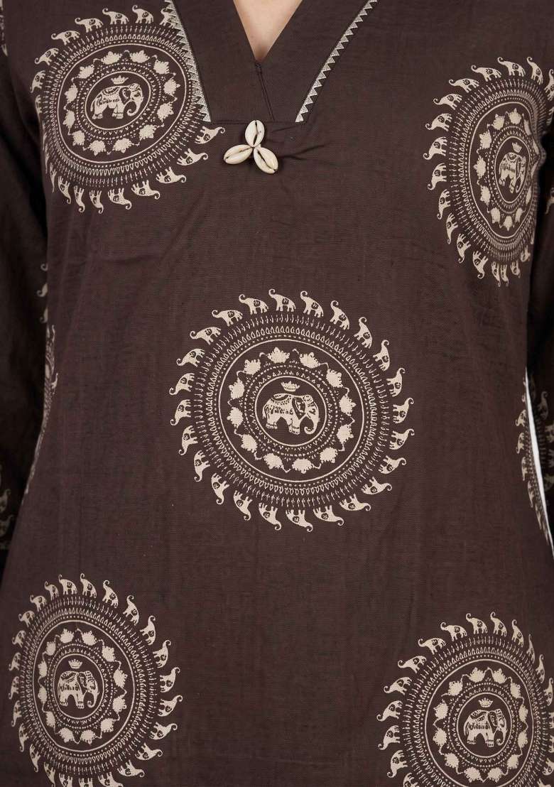 Brown Printed Cotton Kurta Set - Indya