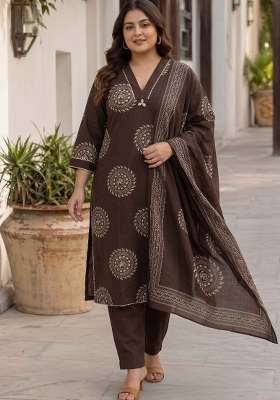Brown Printed Cotton Suit Set