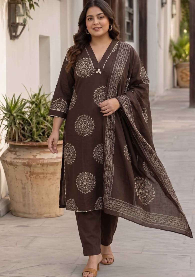 Brown Printed Cotton Suit Set - Indya