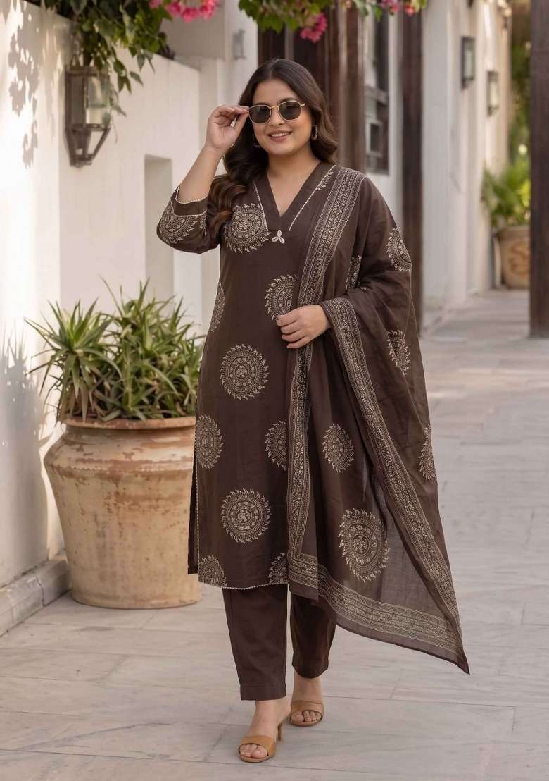 Brown Printed Cotton Suit Set - Indya