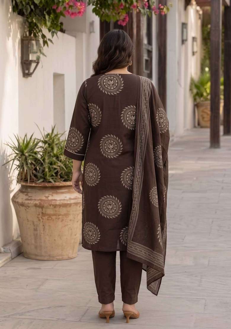 Brown Printed Cotton Suit Set - Indya