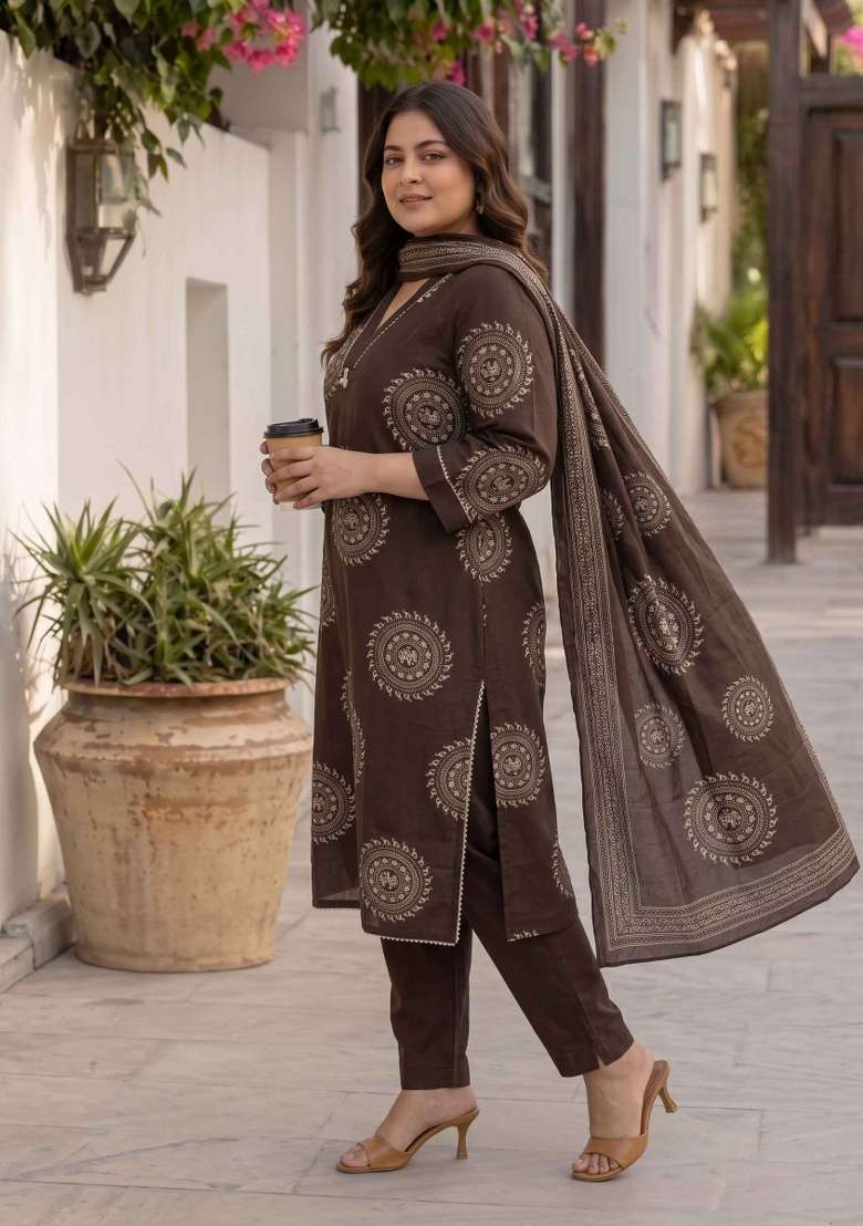 Brown Printed Cotton Suit Set - Indya