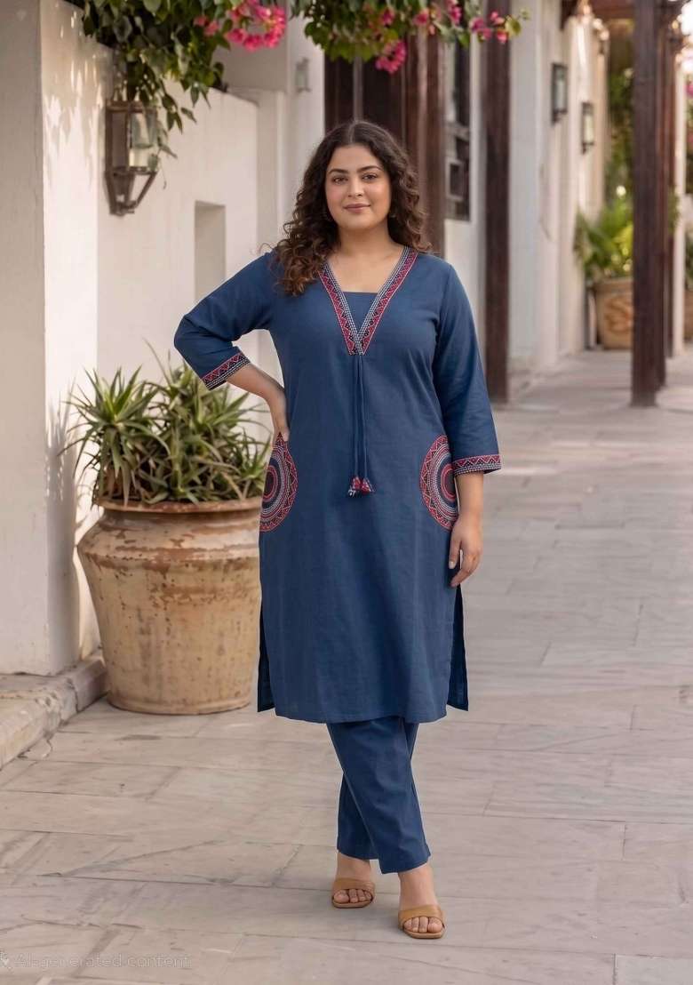 Blue Floral Print Cotton Kurta Set - Indya