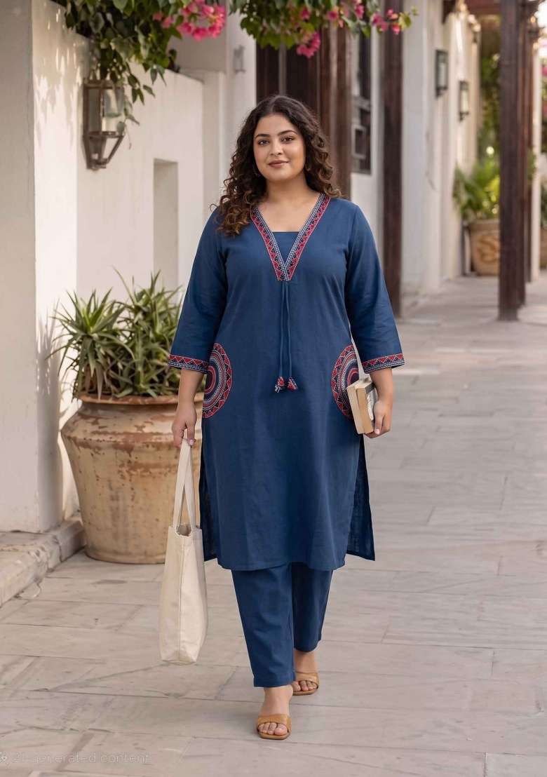 Blue Floral Print Cotton Kurta Set - Indya