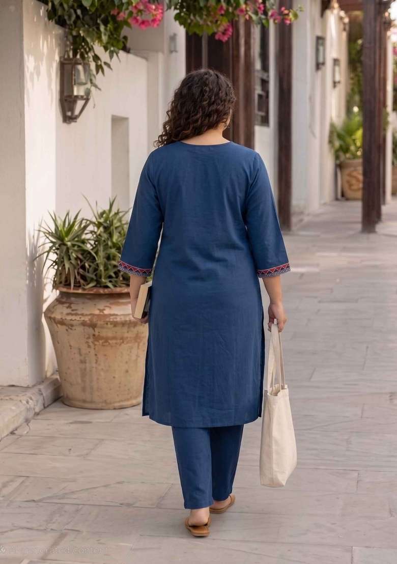 Blue Floral Print Cotton Kurta Set - Indya