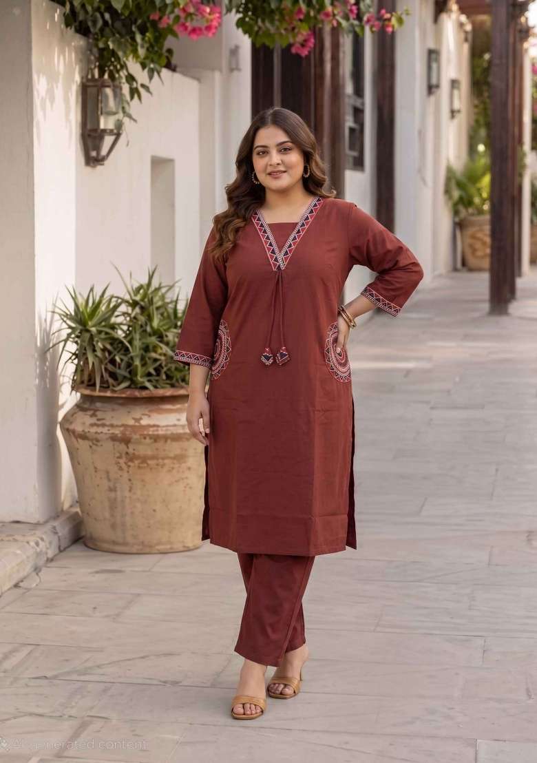Brown Floral Print Cotton Kurta Set - Indya