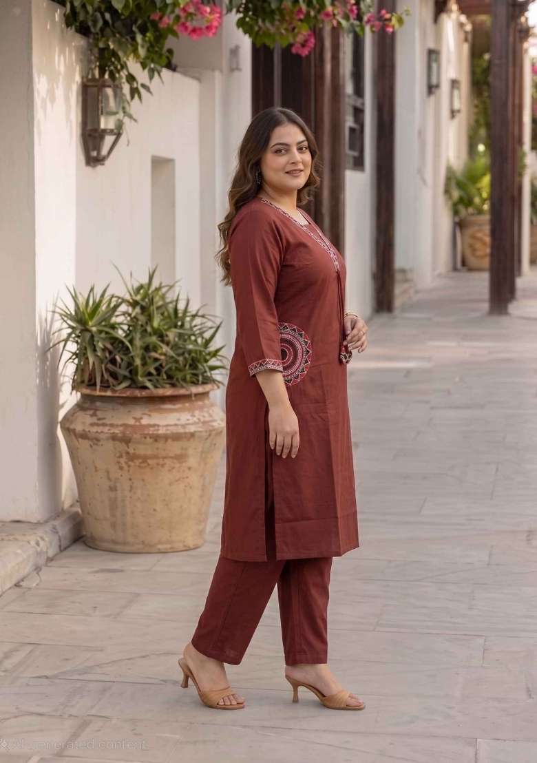 Brown Floral Print Cotton Kurta Set - Indya