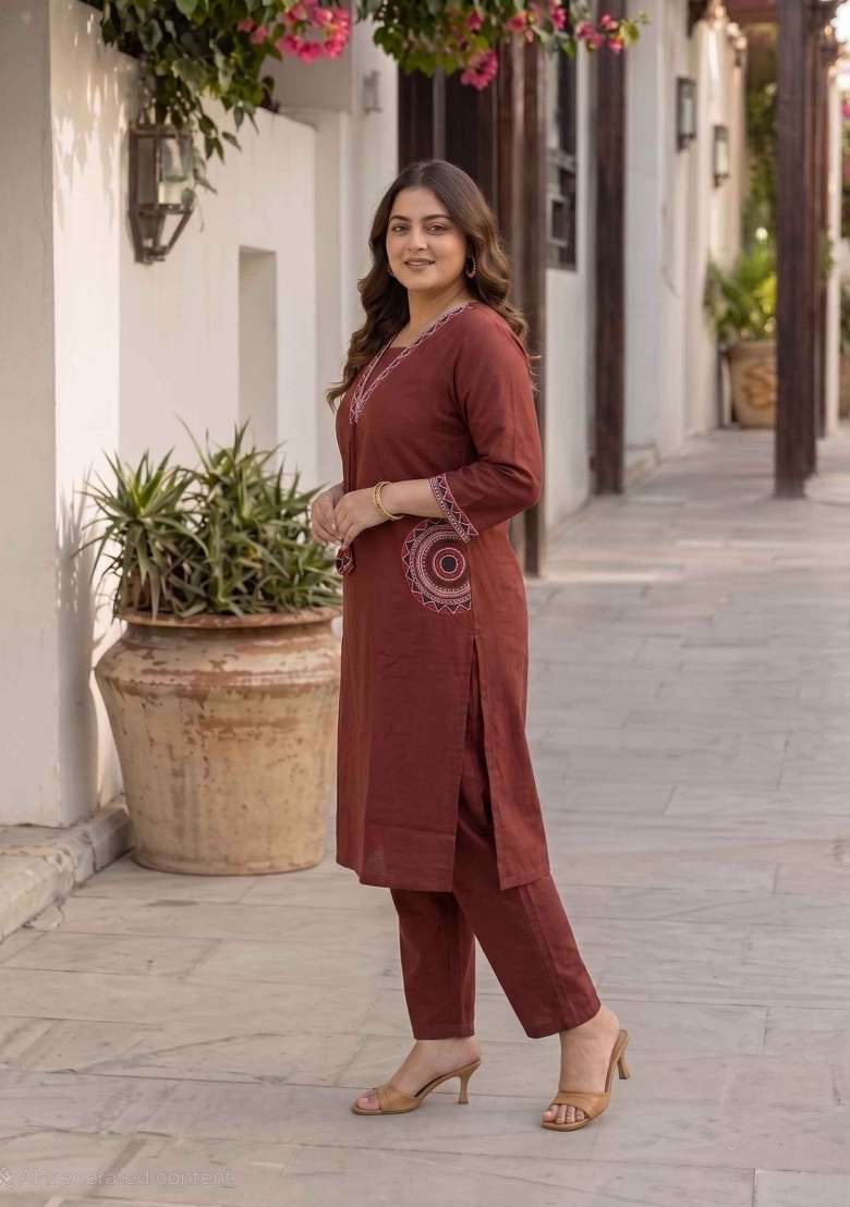 Brown Floral Print Cotton Kurta Set - Indya