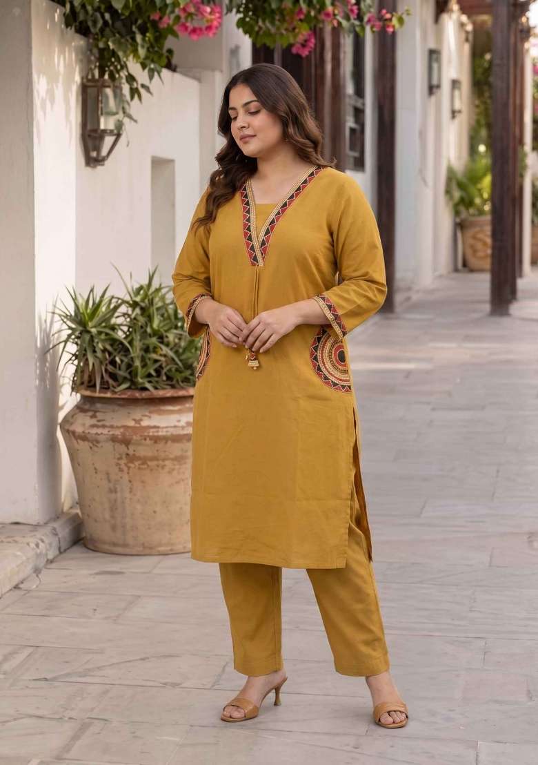 Yellow Floral Print Cotton Kurta Set - Indya