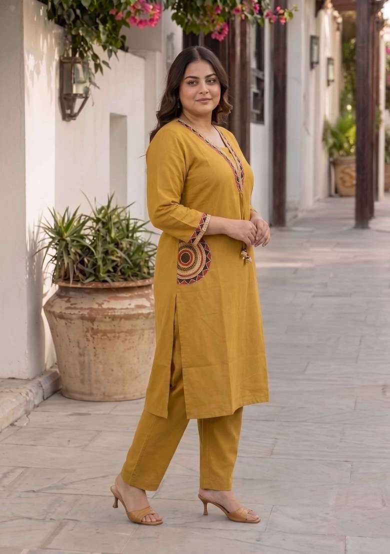 Yellow Floral Print Cotton Kurta Set - Indya
