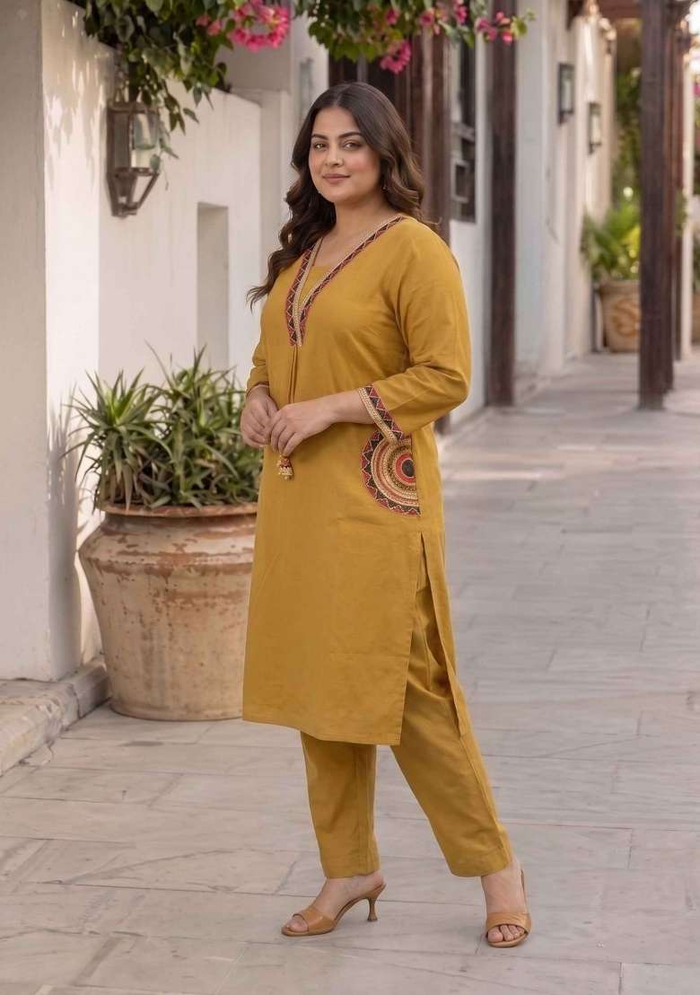 Yellow Floral Print Cotton Kurta Set - Indya