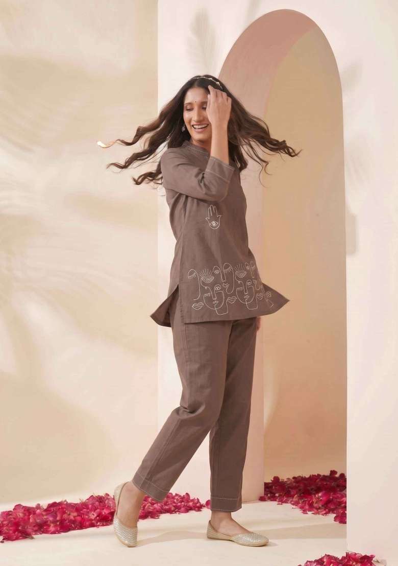 Grey Printed Cotton Kurta Set - Indya