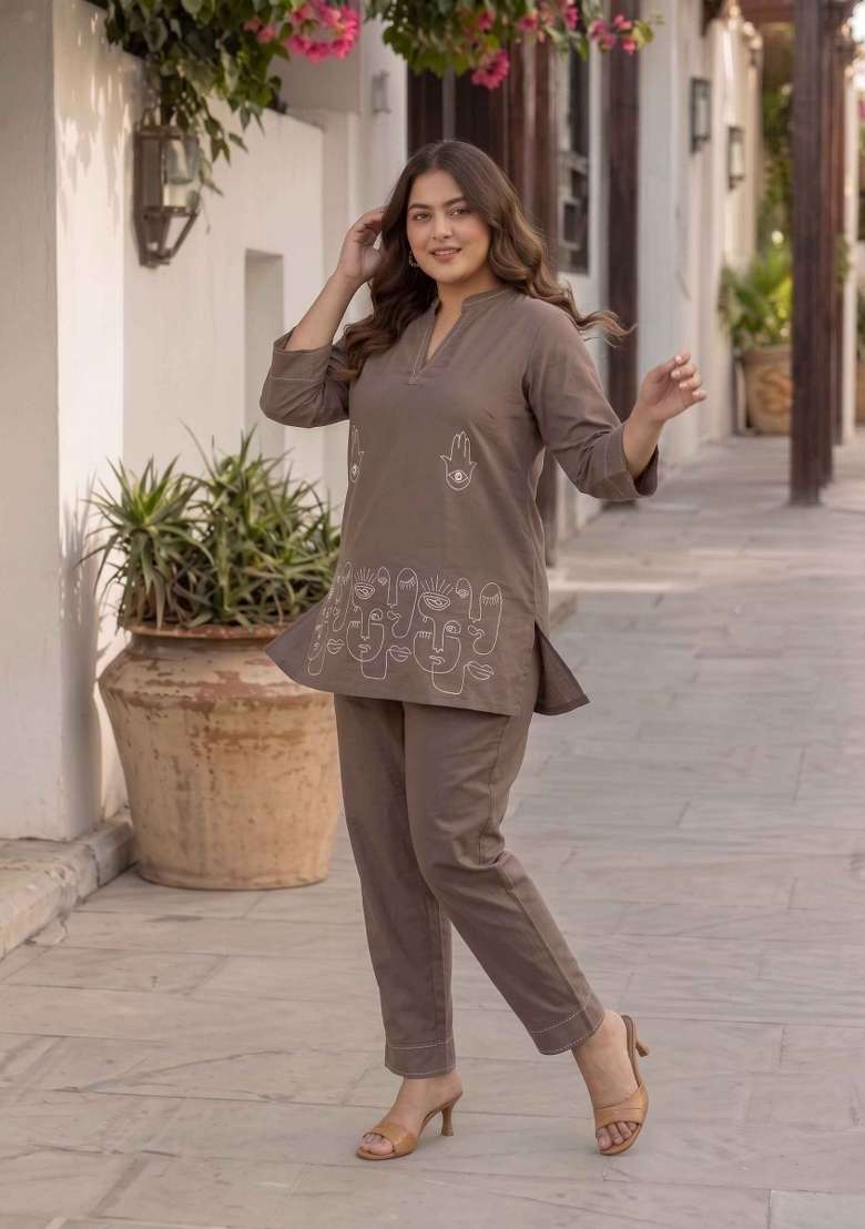 Grey Printed Cotton Kurta Set - Indya