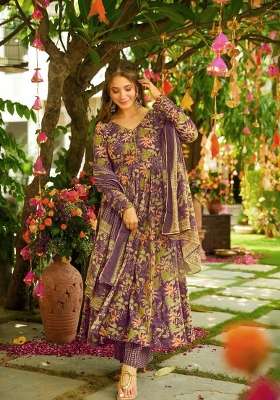 Purple Printed Silk Kurta Set