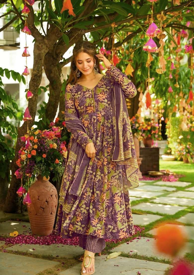 Purple Printed Silk Kurta Set - Indya