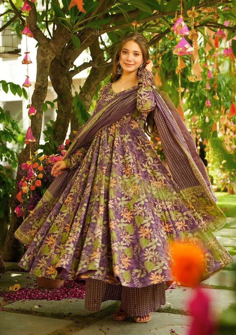 Purple Printed Silk Kurta Set - Indya