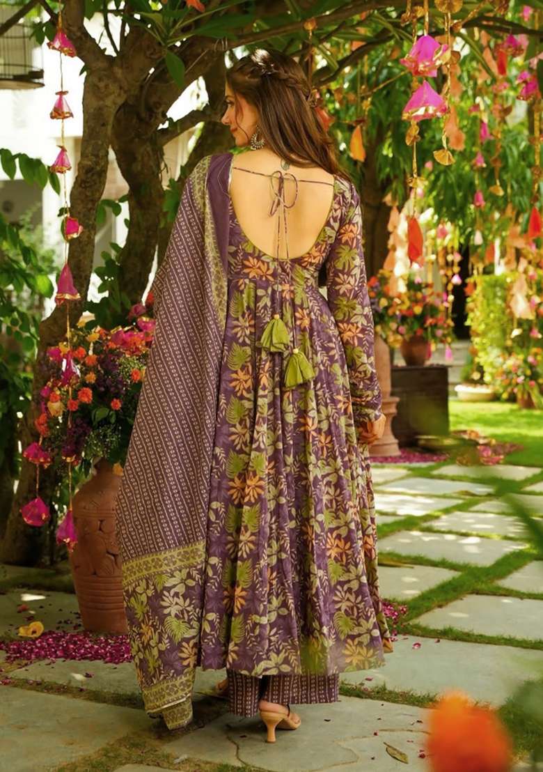 Purple Printed Silk Kurta Set - Indya