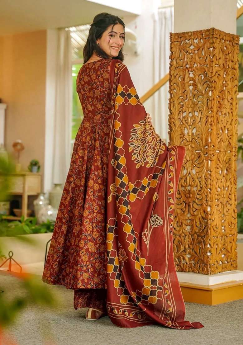 Multicolor Printed Silk Kurta Set - Indya