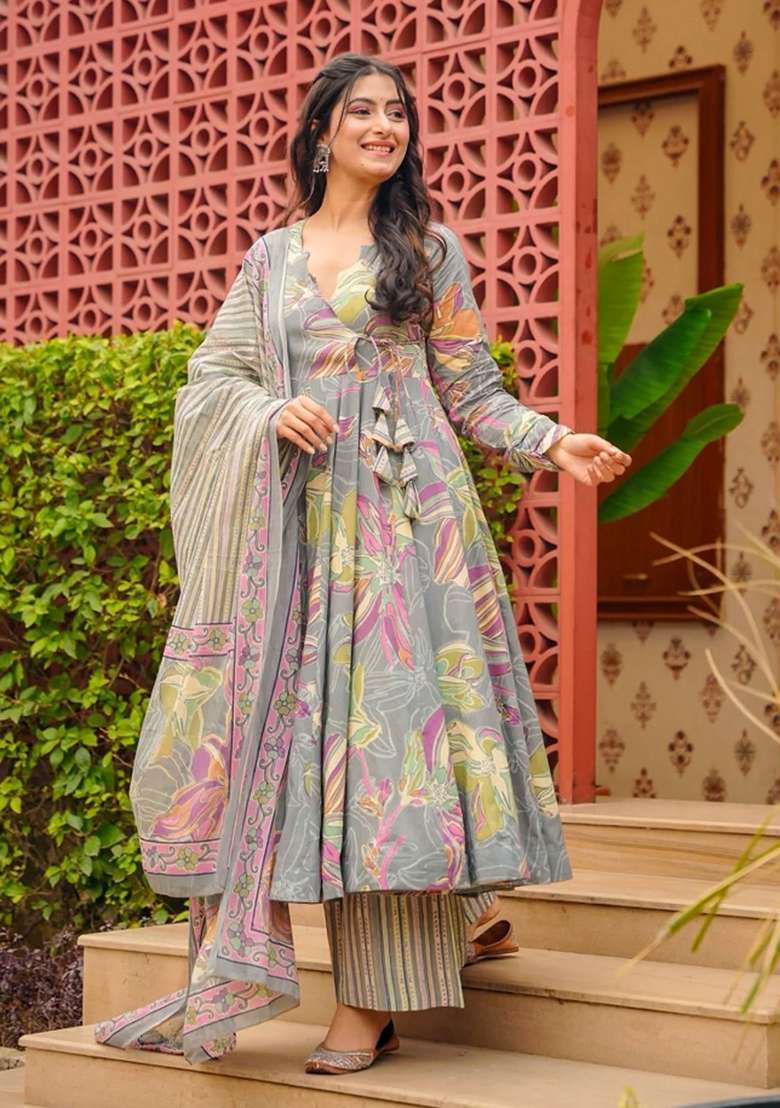 Multicolor Printed Silk Kurta Set - Indya