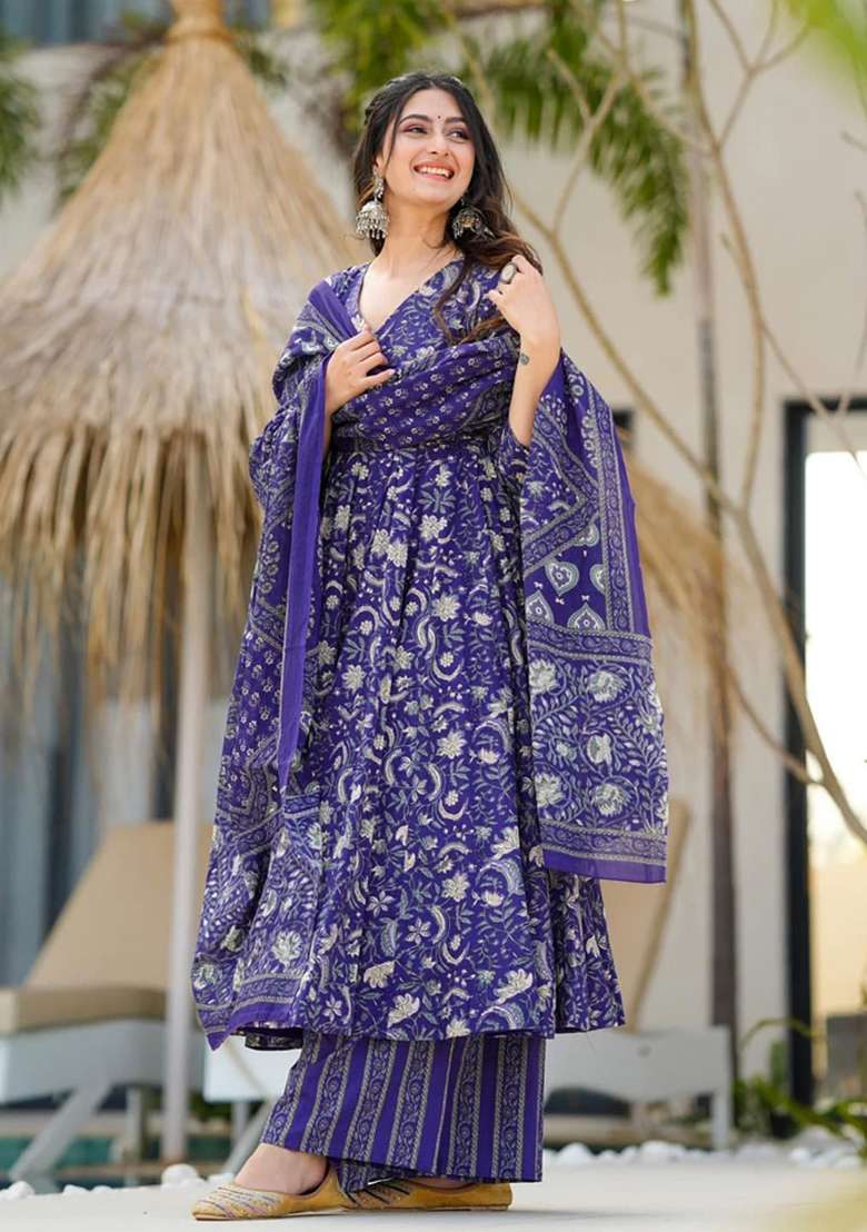 Multicolor Printed Silk Kurta Set - Indya