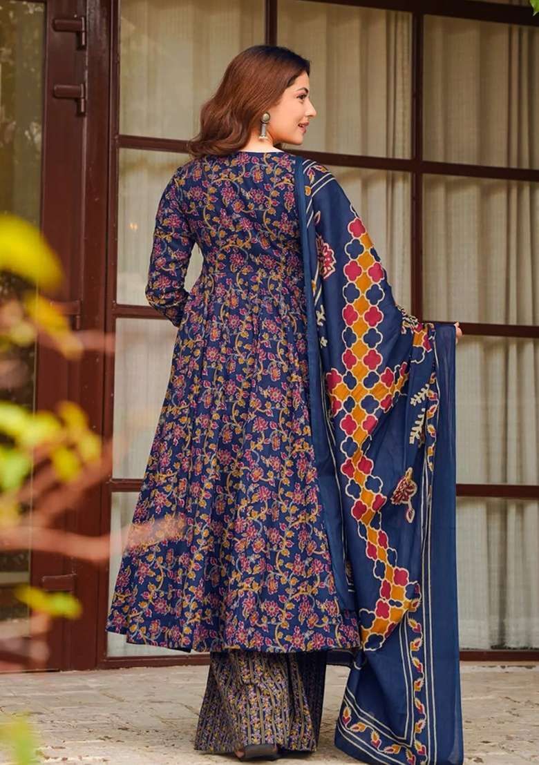 Multicolor Printed Silk Kurta Set - Indya