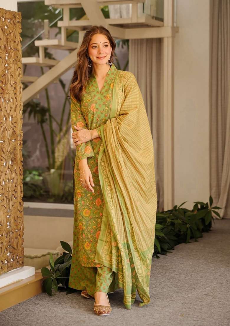 Olive Printed Cotton Kurta Set - Indya