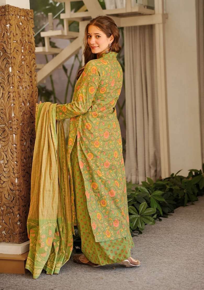 Olive Printed Cotton Kurta Set - Indya