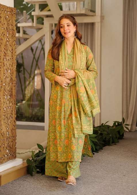 Olive Printed Cotton Kurta Set