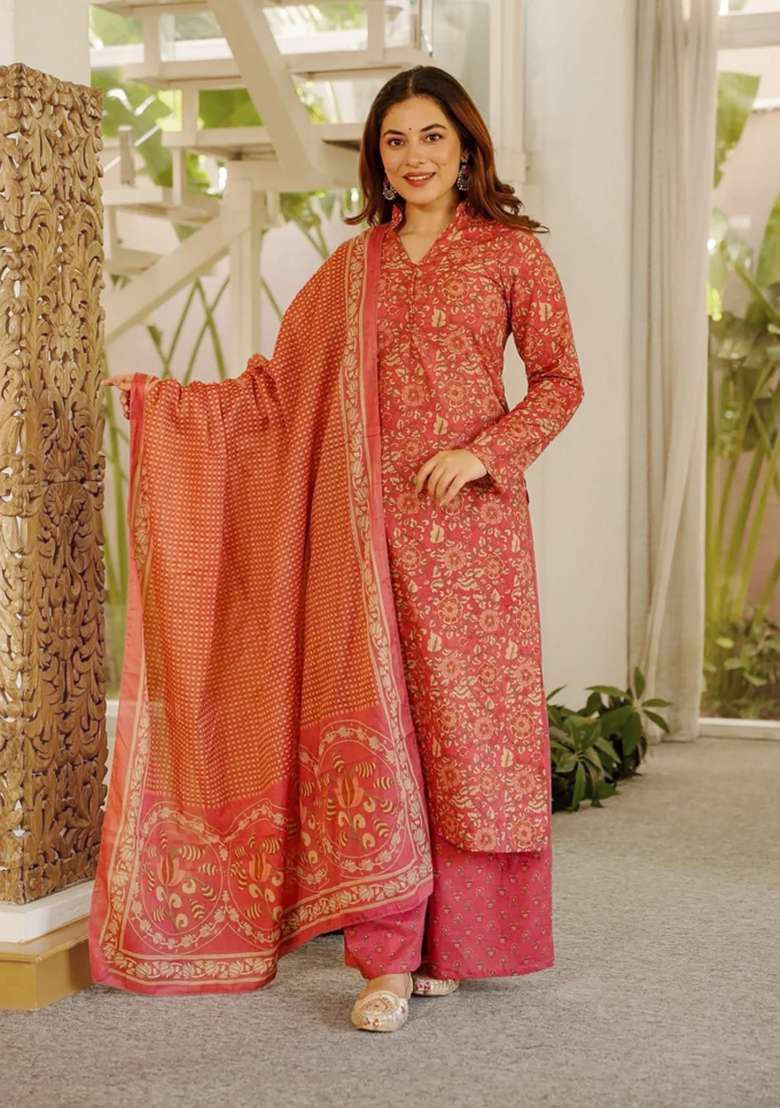 Magenta Printed Cotton Kurta Set - Indya
