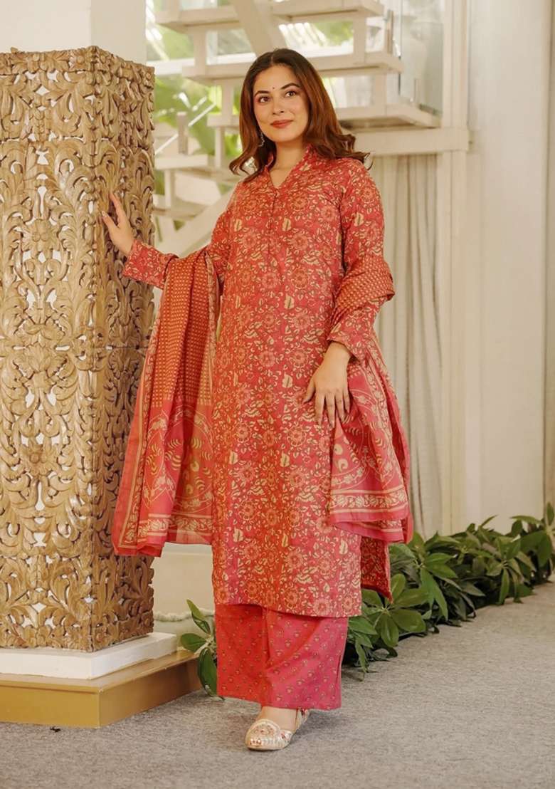 Magenta Printed Cotton Kurta Set - Indya