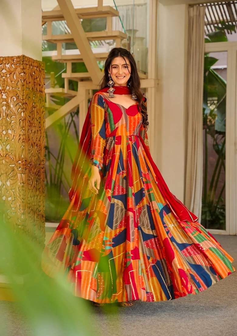Multicolor Printed Rayon Anarkali With Dupatta - Indya