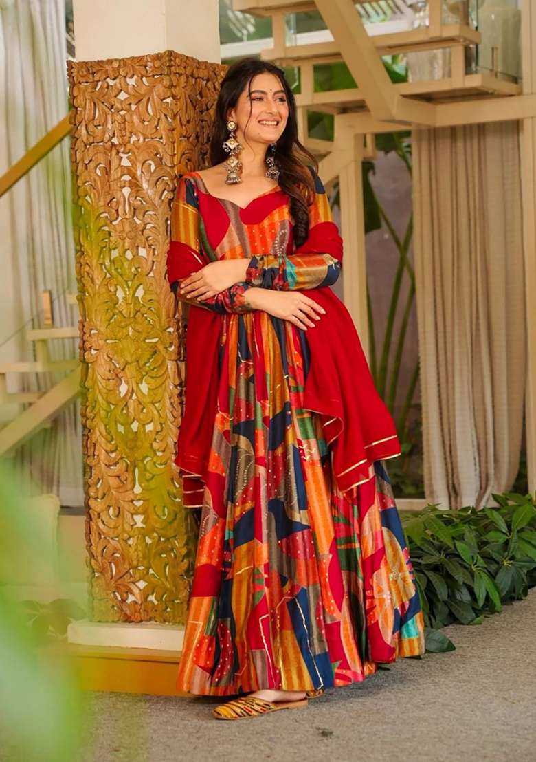 Multicolor Printed Rayon Anarkali With Dupatta - Indya