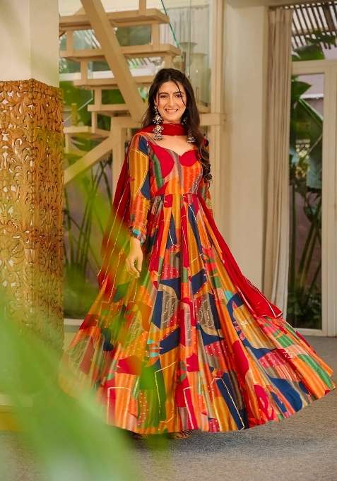 Multicolor Printed Rayon Anarkali With Dupatta