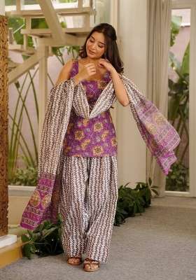 Wine Printed Cotton Kurta Set