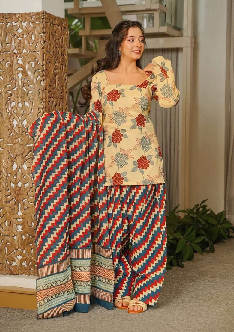 Multicolor Printed Cotton Kurta Set - Indya