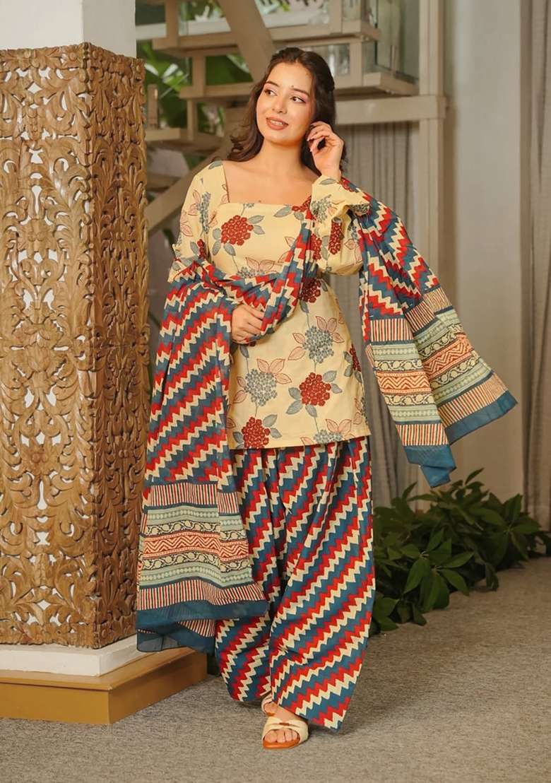 Multicolor Printed Cotton Kurta Set - Indya