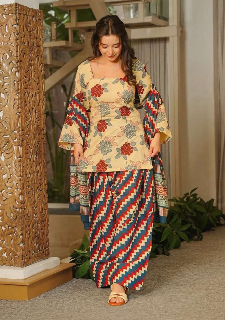 Multicolor Printed Cotton Kurta Set - Indya