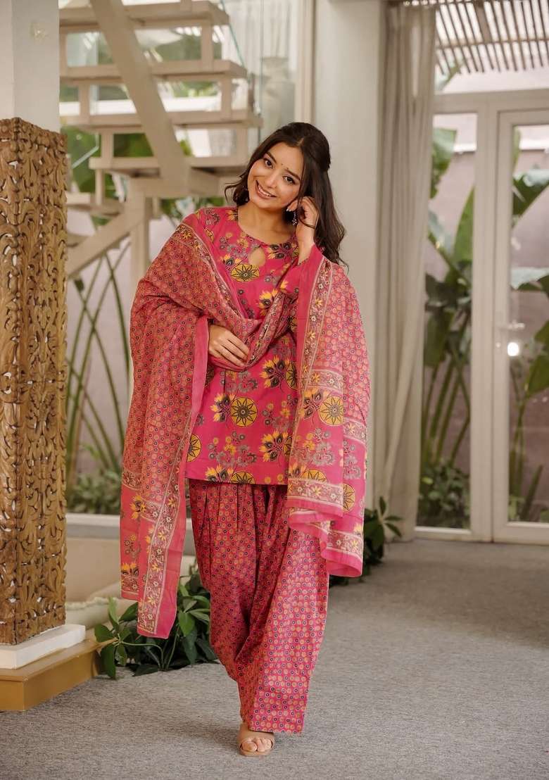 Pink Printed Cotton Kurta Set - Indya